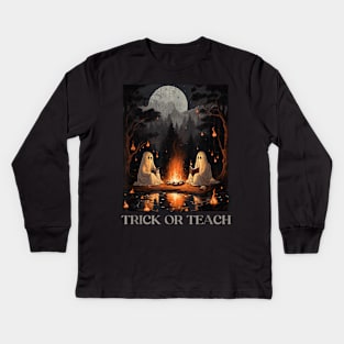 Trick Or Teach Ghost Books Reading Tarot Teachers Halloween Kids Long Sleeve T-Shirt